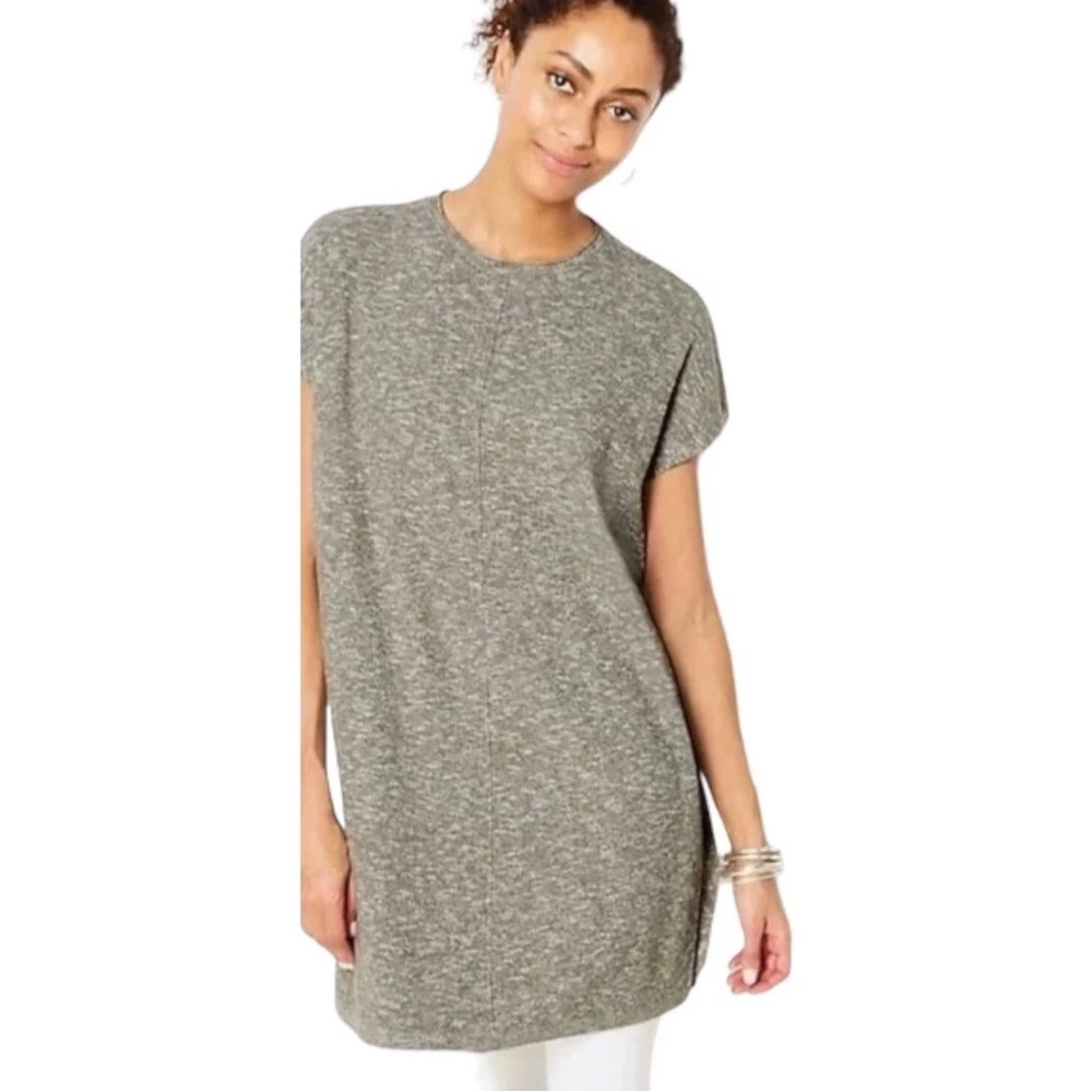 J. JILL Cap Sleeve Tunic Sweater Marled Side Slit Round Neck Green Grey Pure Jil